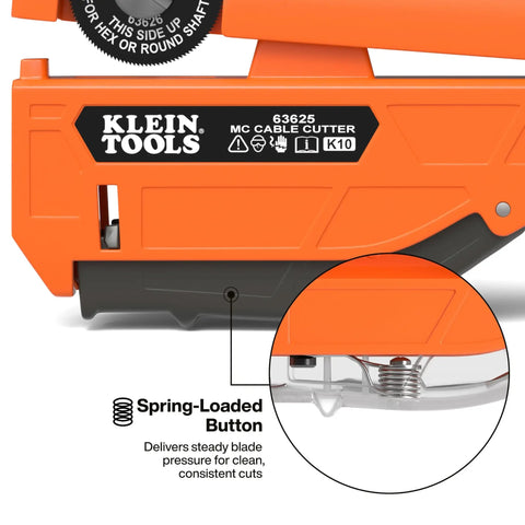 Close-up of MC Cable Cutter For BX AC MC And MCAP Three Eighths Inch Armored Cable with spring-loaded button detail