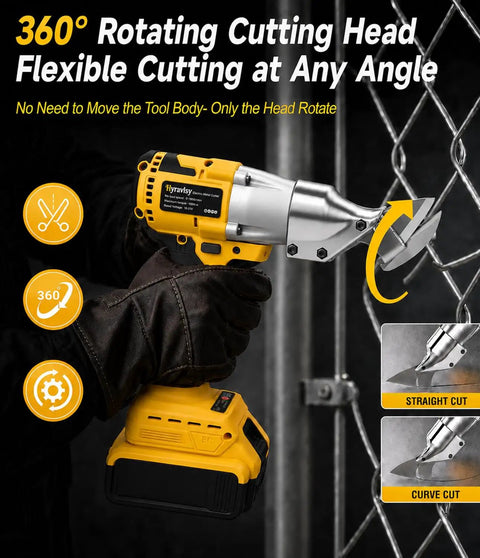 Top Rated Cordless Brushless Metal Shears Compatible With Dewalt 20v Max Power Tools Battery Only, showing 360° rotating cutting head in action.