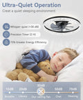 Child sleeping under ceiling fan; Slick 20 Inch Modern Ceiling Fan With Lights And Remote Dimmable Low Profile Flush Mount