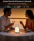 Couple dining with the Battery Powered Outdoor Lantern Table Lamp Waterproof 4000mAh Cordless Rechargeable 4 Level Touch Dimmable Lit Night Light
