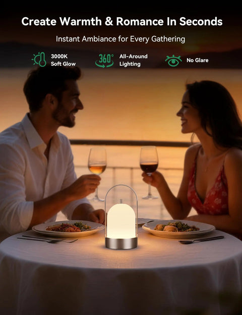 Couple dining with the Battery Powered Outdoor Lantern Table Lamp Waterproof 4000mAh Cordless Rechargeable 4 Level Touch Dimmable Lit Night Light