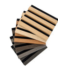 Game Changer Acoustic Wood Slat Wall Panels For Knockout Noise Dampening And Super Modern Room Refresh featuring six textured samples.