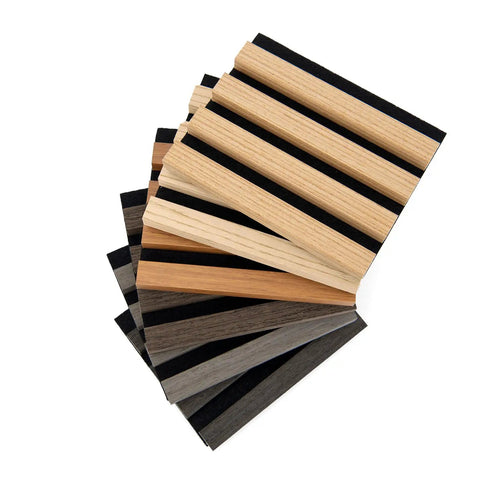 Game Changer Acoustic Wood Slat Wall Panels For Knockout Noise Dampening And Super Modern Room Refresh featuring six textured samples.