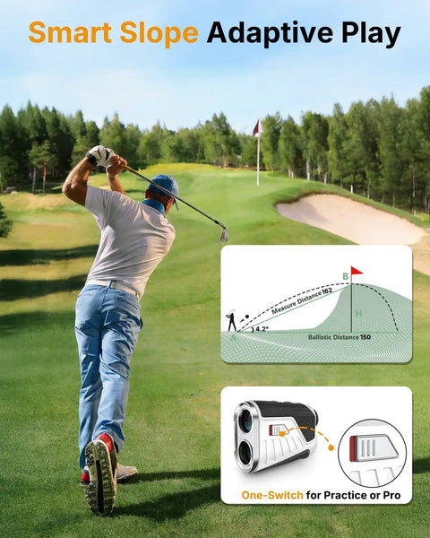 Golf Rangefinder With Slope Mode, 1200 Yard Range, Rechargeable Battery in action on course with golfer using slope mode