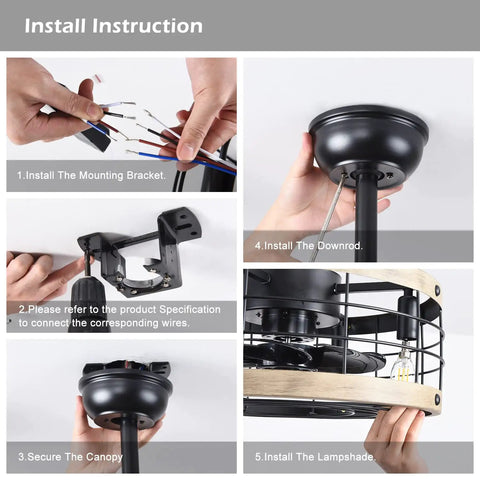 Installation guide for Farmhouse Style Ceiling Fan With Light And Remote Caged Low Profile Flush Mount Ceiling Fan In Black And Wood