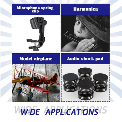Microphone spring clip collage with harmonica, red model airplane, and gray audio shock pads.