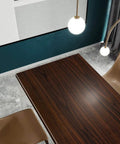 Top view of dark walnut wood grain table with pendant lights and chairs, showcasing Walnut Wood Grain Vinyl Wallpaper Peel And Stick Dark Brown Thick Texture Adhesive Contact Paper For Kitchen Cabinets And Walls, Waterproof Oil Proof, Easy Clean, Realistic Wood Look, Removable Durable Wall Covering, 24 By 197 Inch Roll.