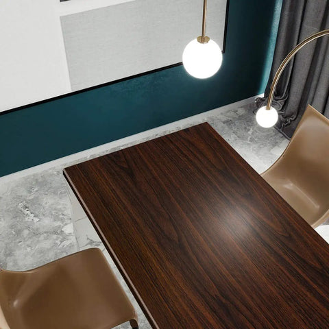 Top view of dark walnut wood grain table with pendant lights and chairs, showcasing Walnut Wood Grain Vinyl Wallpaper Peel And Stick Dark Brown Thick Texture Adhesive Contact Paper For Kitchen Cabinets And Walls, Waterproof Oil Proof, Easy Clean, Realistic Wood Look, Removable Durable Wall Covering, 24 By 197 Inch Roll.
