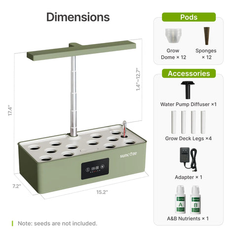 Hydroponics Growing System Kit With 24W Dimmable Grow Light For Indoor Herb Garden showing dimensions and accessories