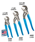 SpeedGrip High Carbon Steel Tongue And Groove Pliers Set With Push Button Adjustment Lock And Safe Stop, 3 sizes, made in USA.