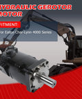 Char-Lynn 4000 Series Beefy Hydraulic Motor 15.4 Cu In Displacement SAE B 4-Bolt Flange shown with construction machinery
