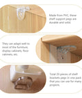 Close-up of 60Pcs Transparent Shelf Support Pegs With Nail Free Adhesive Clips on wood cabinets showing no-drill installation method.