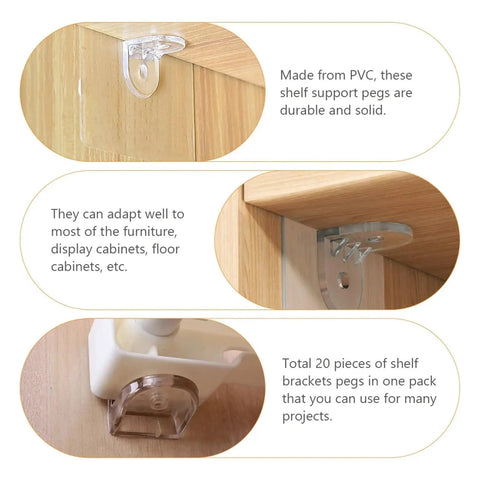 Close-up of 60Pcs Transparent Shelf Support Pegs With Nail Free Adhesive Clips on wood cabinets showing no-drill installation method.