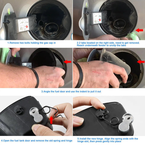 Toyota Tundra Fuel Tank Repair Kit installation with gas door spring, hinge pin replacement, step-by-step instructions.