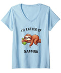 I'd Rather Be Napping V Neck T Shirt For Women Sloth Lover Gift Cozy Cotton Tee