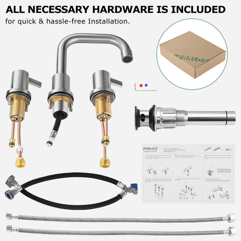 Two Handle Widespread Bathroom Faucet In Brushed Nickel With Metal Pop Up Drain, cUPC Certified, Quick Connect Supply Lines