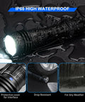 Beast Bright 2000 Lumen Tactical Flashlight with Rechargeable Power waterproof feature shown in wet conditions, IP68 rating