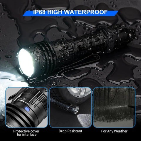 Beast Bright 2000 Lumen Tactical Flashlight with Rechargeable Power waterproof feature shown in wet conditions, IP68 rating