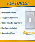 Combo Pack 4x2 Inch Utility Electrical Box And Toggle Switch Cover In Galvanized Steel, features include rounded corners and hardware included.