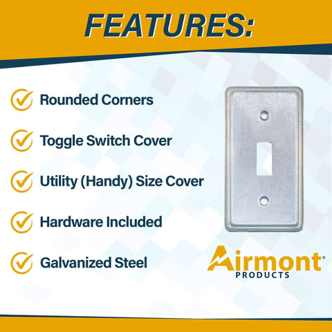 Combo Pack 4x2 Inch Utility Electrical Box And Toggle Switch Cover In Galvanized Steel, features include rounded corners and hardware included.