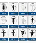 Assortment of car door trim panel clips from Universal Car Door Trim Panel Clips Kit With 1101 Pieces, 32 Popular Sizes, And 1 Fastener Remover.