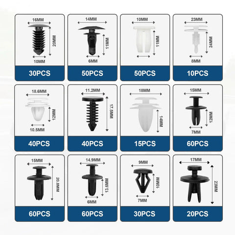 Assortment of car door trim panel clips from Universal Car Door Trim Panel Clips Kit With 1101 Pieces, 32 Popular Sizes, And 1 Fastener Remover.