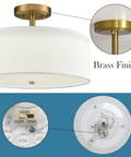 Dimmable Gold Semi Flush Mount Ceiling Light With Drum Shade, Dope 30W LED, 3000K 4500K 5500K, Brass Finish, 15 Inch