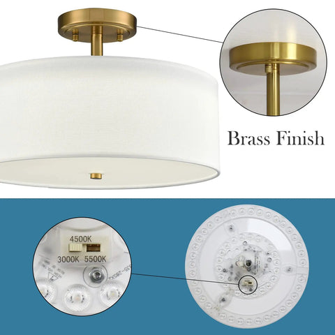 Dimmable Gold Semi Flush Mount Ceiling Light With Drum Shade, Dope 30W LED, 3000K 4500K 5500K, Brass Finish, 15 Inch