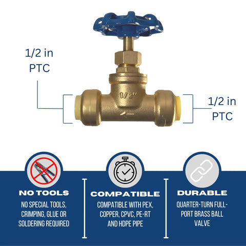 Half Inch Push Fit Stop Valve With Drain And Vent For Pex Copper CPVC PERT HDPE Brass Plumbing Fitting with blue handle and connectors