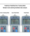 Push And Pull Force Gauge With Real Time Peak And Auto Peak Modes Digital Force Meter Supporting N Kg And Lb Units LCD Display For Tension And Compression Testing 1000N Capacity Easy Unit Conversion Handheld Precision shown in three modes