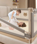 Heightened Bed Guard Rail For Toddlers And Kids, Swing-Down Side Rail, sturdy steel frame with soft cloth, baby and mother playing