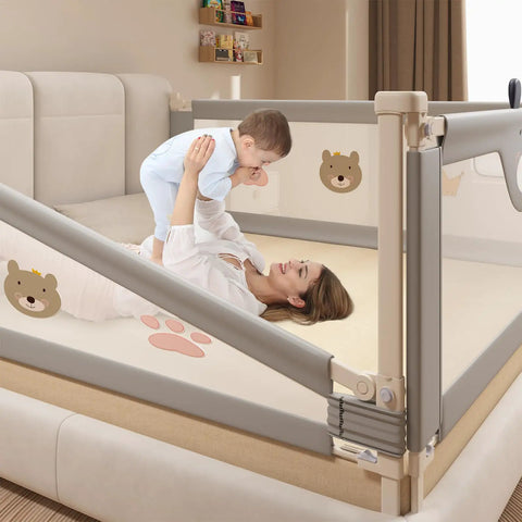 Heightened Bed Guard Rail For Toddlers And Kids, Swing-Down Side Rail, sturdy steel frame with soft cloth, baby and mother playing
