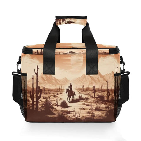 Front view of Insulated Lunch Bag With Shoulder Strap, depicting desert scene, spacious 15L Capacity, tear-resistant waterproof exterior.