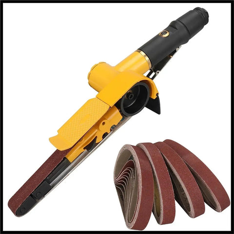 Rock Solid Air Belt Sander And Pneumatic Angle Grinder Featuring Adjustable Grinding Settings and sandpaper rolls, ergonomic design.