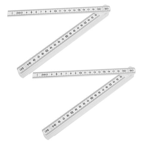 Heavy Duty Folding Carpenter Ruler Pair Offering Two Meter Straight Shooting Layout Measurements Lightweight Compact Abs Measure Stick for woodworking, showing two foldable rulers laid out.