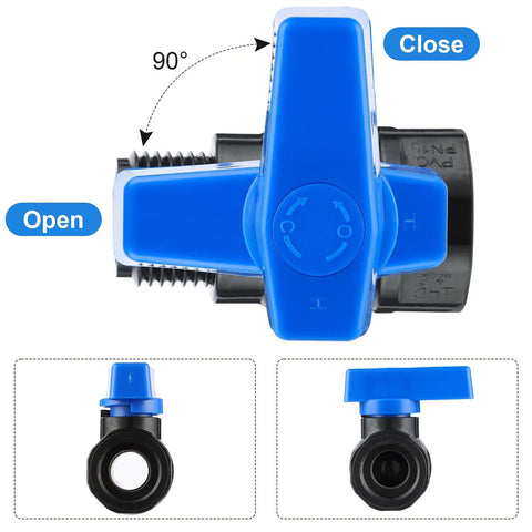 Rain Barrel Spigot Kit With Three Quarter Inch GHT Threads, Bulkhead Fittings, Garden Hose Faucet Ball Valve, Water Diverter For Rain Barrels, Tanks And Aquariums, No Fuss Install, Includes Adapters, Tape, And Rope, 2 Pack open and close 90-degree blue valve