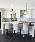 Modern Pendant Light With Natural Wood And Brass Accent, 12-Inch White Matte Shade in kitchen with adjustable cord