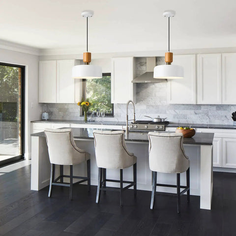 Modern Pendant Light With Natural Wood And Brass Accent, 12-Inch White Matte Shade in kitchen with adjustable cord