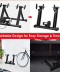Foldable Magnetic Bike Trainer Stand For Indoor Cycling And Home Gym Use with dual-lock and quick release, displayed folded and unfolded.