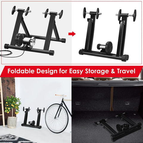 Foldable Magnetic Bike Trainer Stand For Indoor Cycling And Home Gym Use with dual-lock and quick release, displayed folded and unfolded.