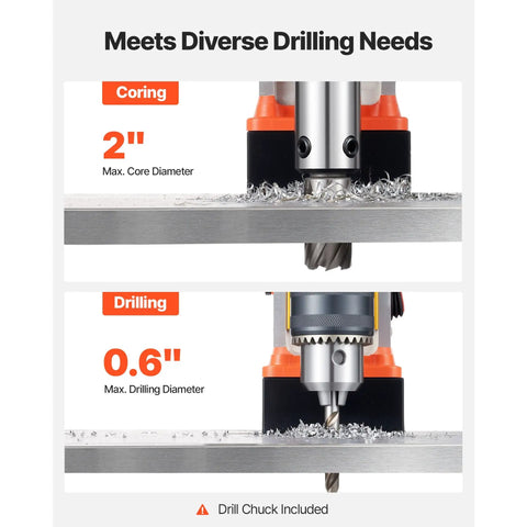 Job Site Ready 1400W Magnetic Drill Press With Two Inch Boring Range And Smooth Variable Zero Through Eight Hundred Rpm Control Paired With Rock Solid Hold Base Plus Weldon Shank For Steel Tasks detailing coring and drilling diameters.
