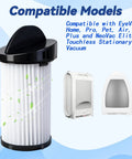 6 Pack HEPA Pre Motor Filter Replacement With Extra Hand Brushes Fits Eye Vac And Neo Vac Touchless Stationary Vacs shown with compatible models.