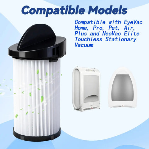 6 Pack HEPA Pre Motor Filter Replacement With Extra Hand Brushes Fits Eye Vac And Neo Vac Touchless Stationary Vacs shown with compatible models.