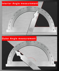 Rock Solid Heavy Duty Stainless Steel Angle Finder Protractor 0-180 Degree showing interior and outer angle measurements.
