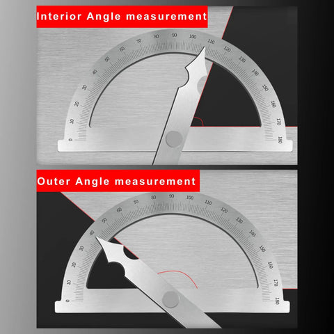 Rock Solid Heavy Duty Stainless Steel Angle Finder Protractor 0-180 Degree showing interior and outer angle measurements.