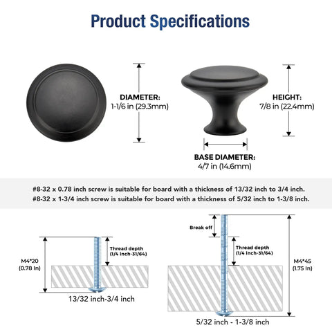 Product specifications of 18 Pack Matte Black Cabinet Knobs And Drawer Pulls, 30mm Diameter, includes diagram with dimensions and screws.