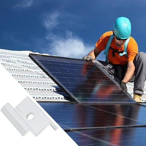 Heavy Duty Aluminum Solar Panel Clamps Rock Solid Outdoor PV Mount Brackets being installed on a rooftop with a technician.
