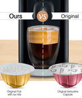 Comparison of original pod with Aluminum Foil Lids For Reusable Nespresso VertuoLine Pods 120 Pack and original VertuoLine capsule.