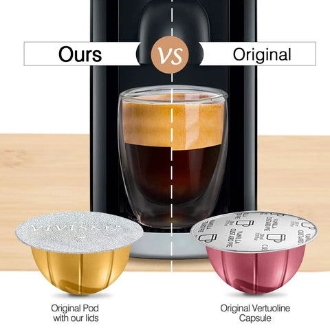 Comparison of original pod with Aluminum Foil Lids For Reusable Nespresso VertuoLine Pods 120 Pack and original VertuoLine capsule.