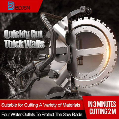 Heavy Duty 16 Inch Electric Concrete Circular Saw With A Beefy 5200W Motor And Integrated Water Feed System, close-up view of blade and handle.